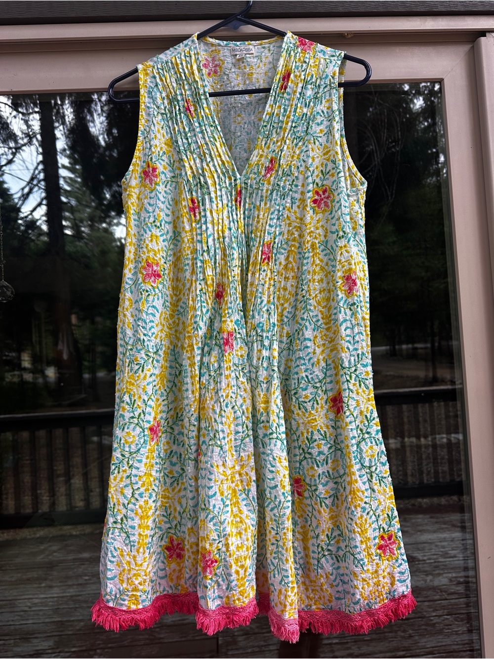Sleeveless Floral Pintuck Midi Dress in Yellow with Pink Trim
